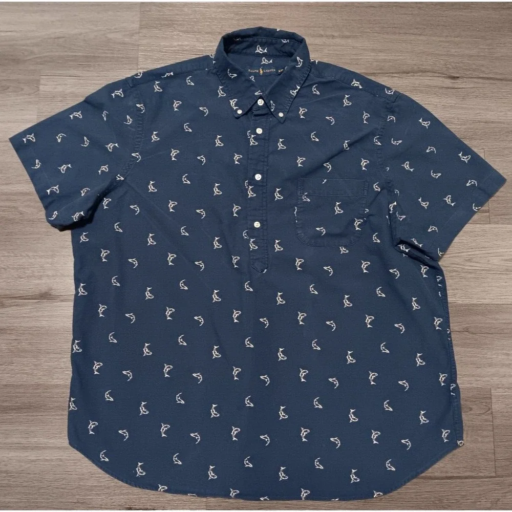 Ralph Lauren Men's Navy‎ Blue Shark Print Short Sleeve Pocket Tunic Size XXL